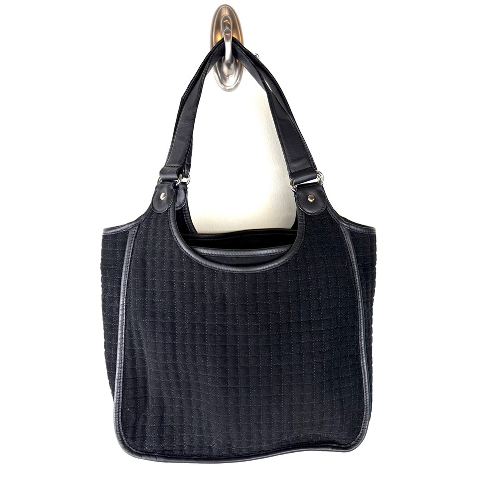 Talbots Shoulder Bag Medium Black Quilted Grid Tote Zip Closure Minimalist VTG